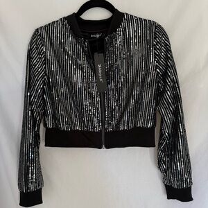 Allegra K Black and Silver Sequin Cropped Bomber Jacket